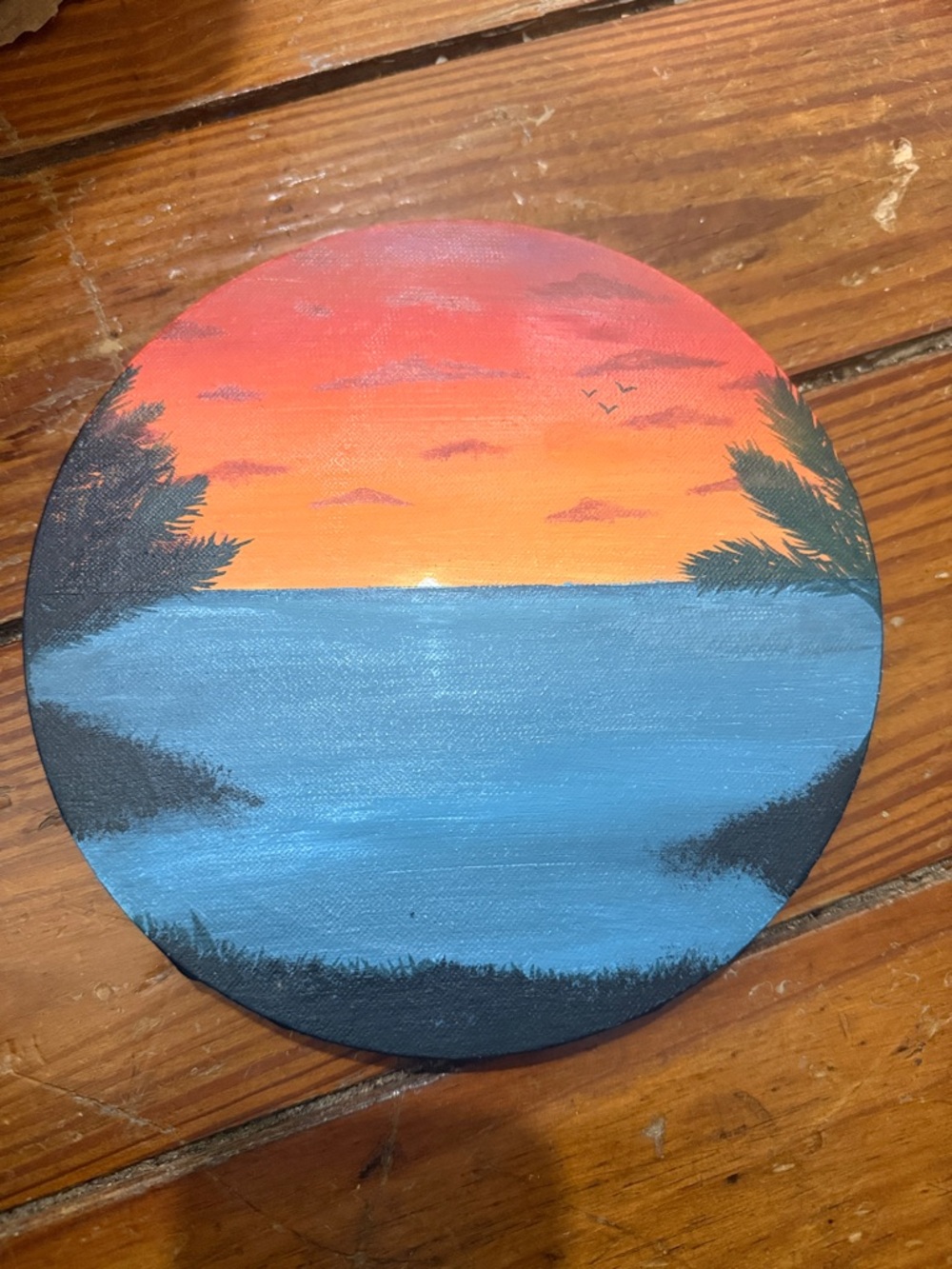 Sunset Seascape Round Canvas Wall Art - Blue and Orange